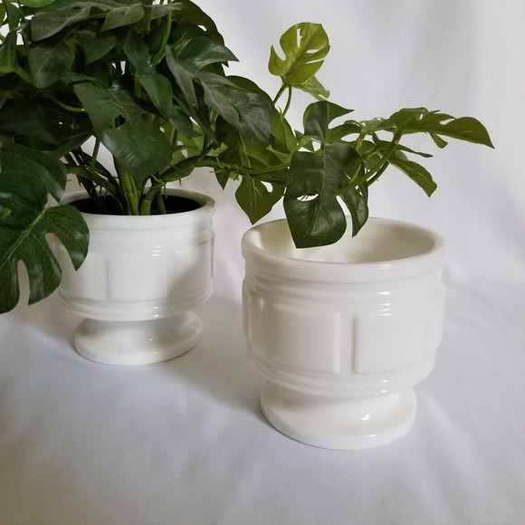 Set of 2 MCM Vintage Milk Glass Jardiniere Block Pattern Pedestal Vases Planters - Picture 5 of 7